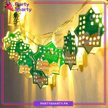 Green Color Ramadan Kareem With Masjid Printed Star Shaped Led Metal String Lights For Ramadan Iftar Party Celebration